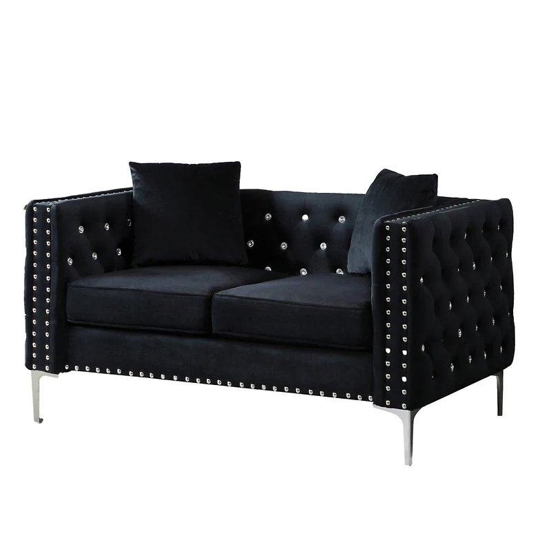 Streamdale 59.4 Inch Wide Velvet Sofa With Jeweled Buttons, Square Arm, 2 Pillows