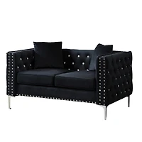 Streamdale 59.4 Inch Wide Velvet Sofa With Jeweled Buttons, Square Arm, 2 Pillows