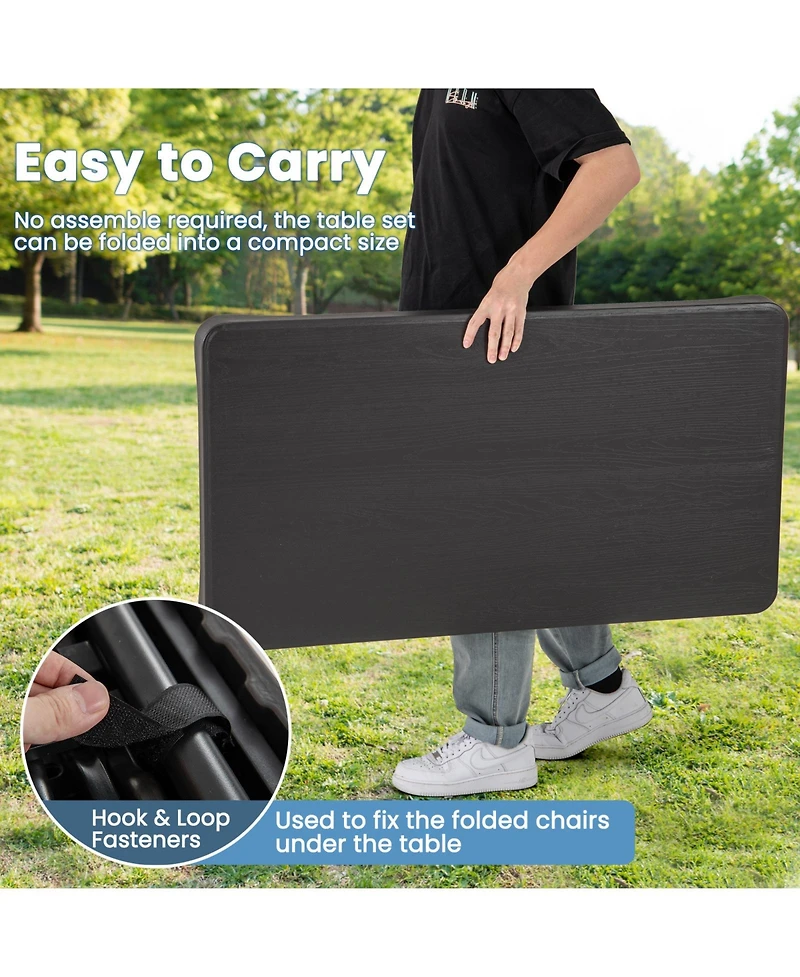 Outdoor Folding Table Bench Set w All-Weather Hdpe Tabletop and Sturdy Metal Frame-Black