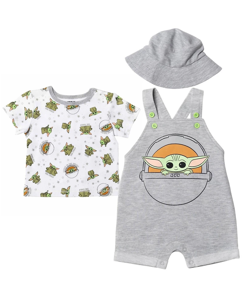 The Mandalorian Baby Boys Yoda Short Overalls, French Terry T-Shirt and Bucket Sun Hat 3 Piece Outfit Set