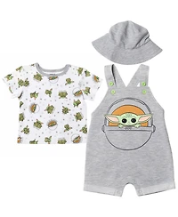 The Mandalorian Baby Boys Yoda Short Overalls, French Terry T-Shirt and Bucket Sun Hat 3 Piece Outfit Set