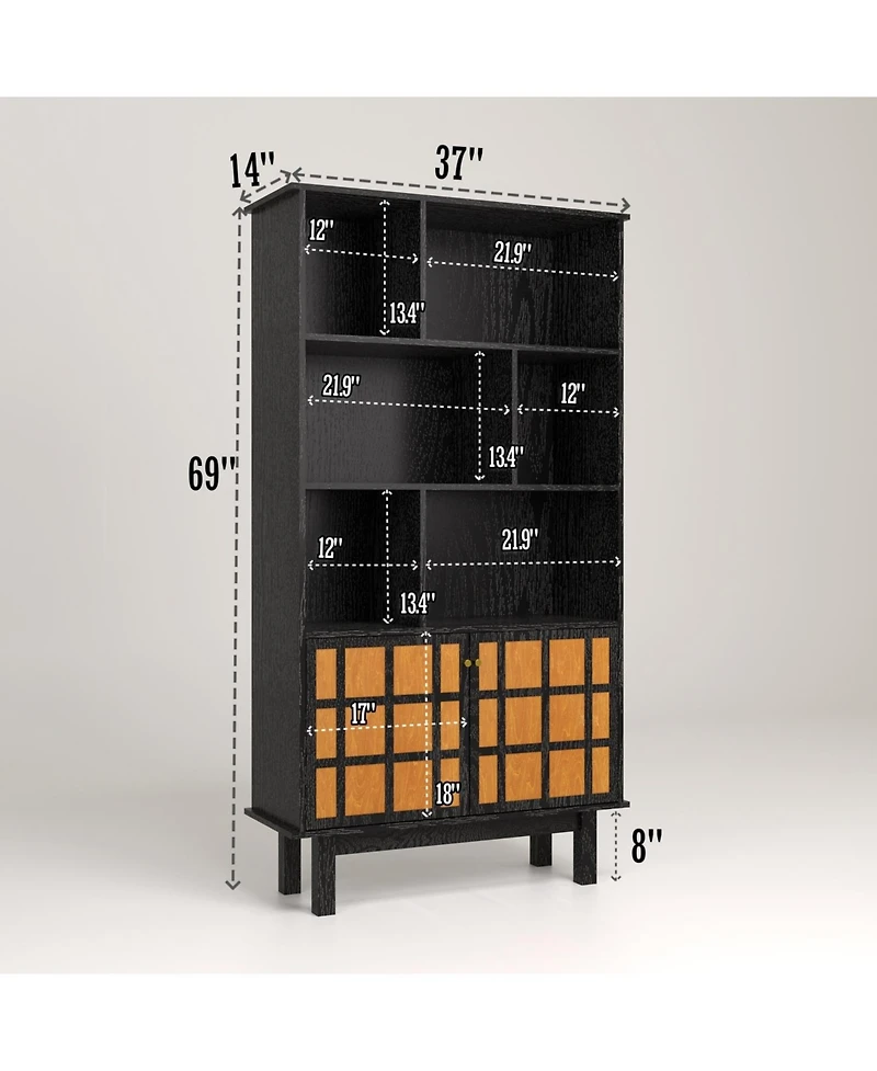 Streamdale Bookcase with Cabinet, Bookshelf with Doors, Black&Honey