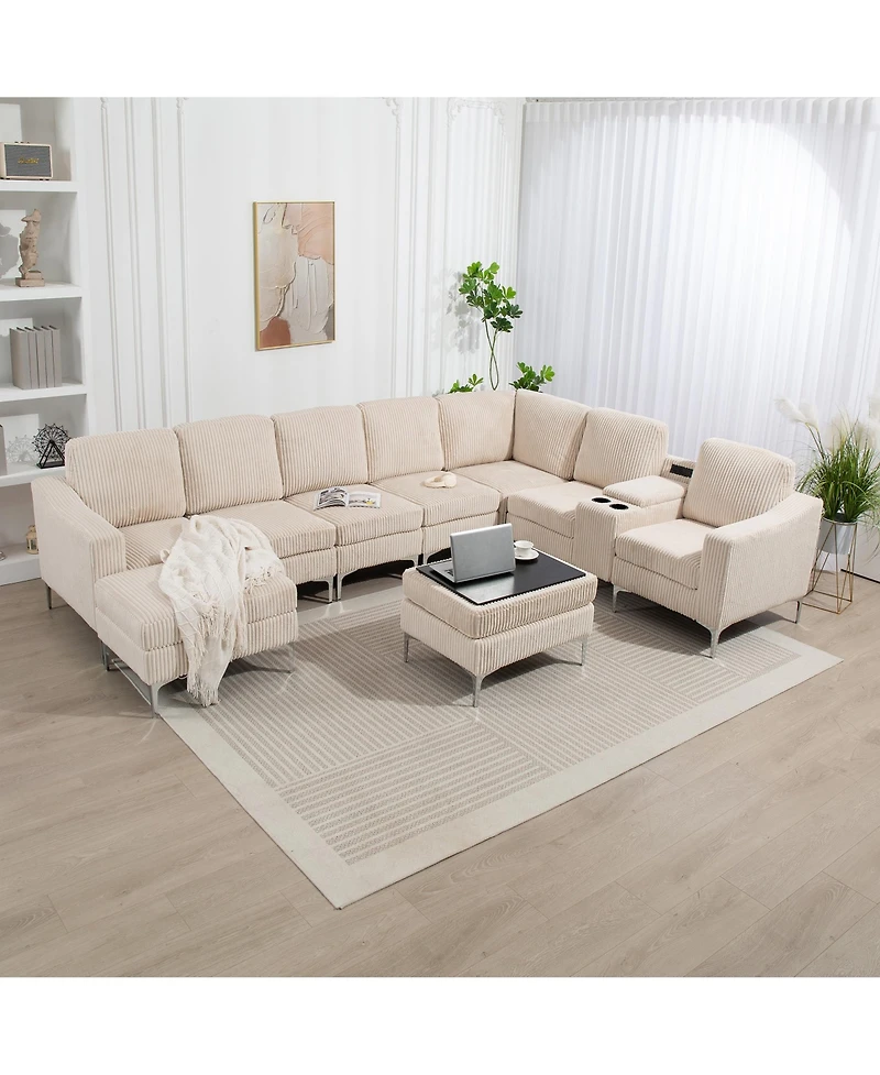 Beige Corduroy Convertible Sectional Sofa with Ottoman, Usb