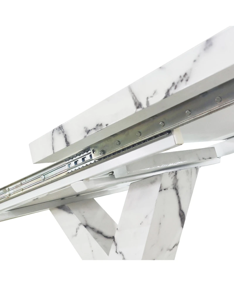Modern Square Dining Table, Stretchable, with Printed White Marble Table Top+Mdf X-Shape Table Leg with Metal Base