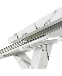 Modern Square Dining Table, Stretchable, with Printed White Marble Table Top+Mdf X-Shape Table Leg with Metal Base