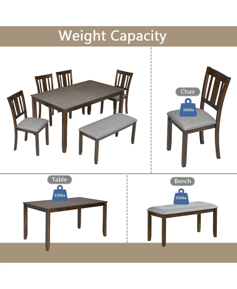 Streamdale 6-Piece Walnut Dining Set Table, 4 Chairs & Bench
