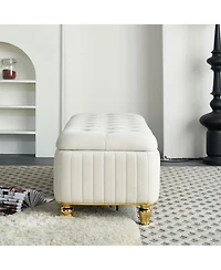 Streamdale Beige Velvet Storage Ottoman with Gold Decor