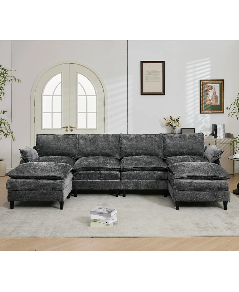 Streamdale Modular U-Shaped Chenille Sofa Couch, 6-Seater with Ottoman, Dark Gray