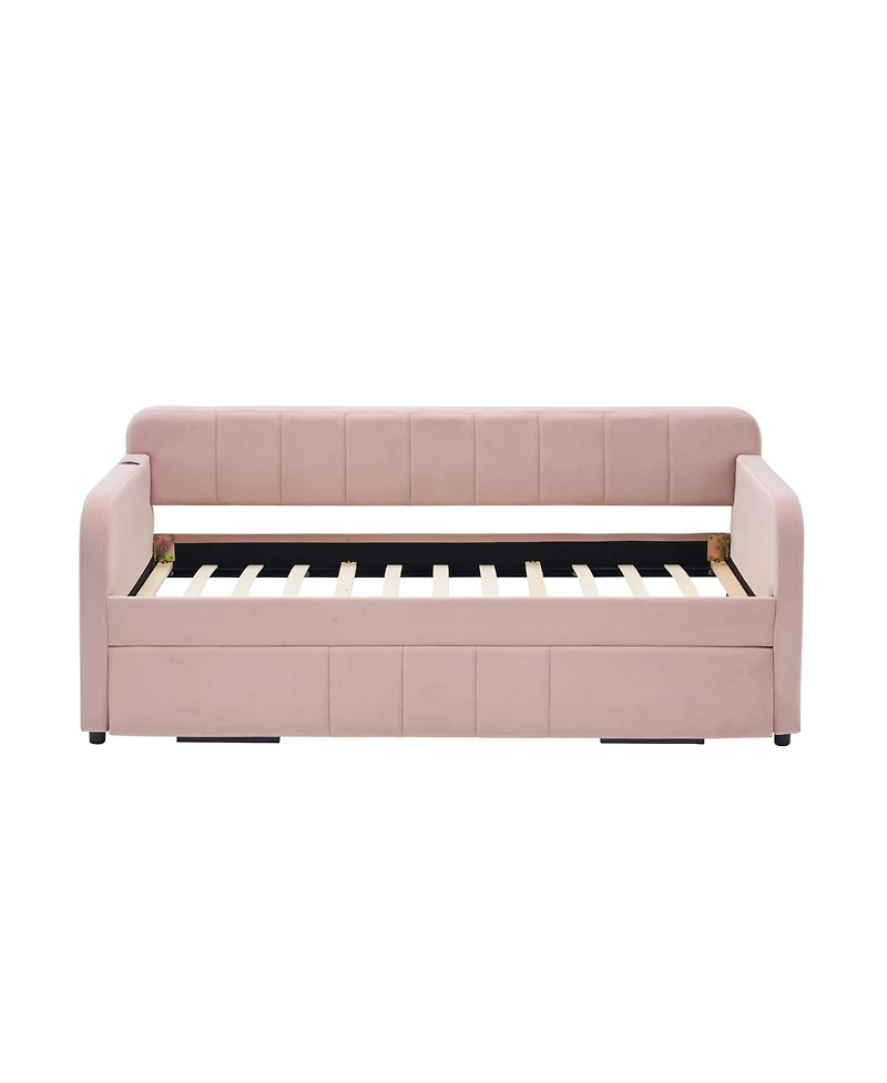 Streamdale Twin Daybed Frame with Trundle, Sofa Bed, Wood Slat Support, Pink