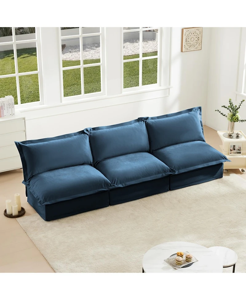Modern 3-Seat Sofa: Armless, Modular, Deep Seat, Chenille Fabric (Blue)