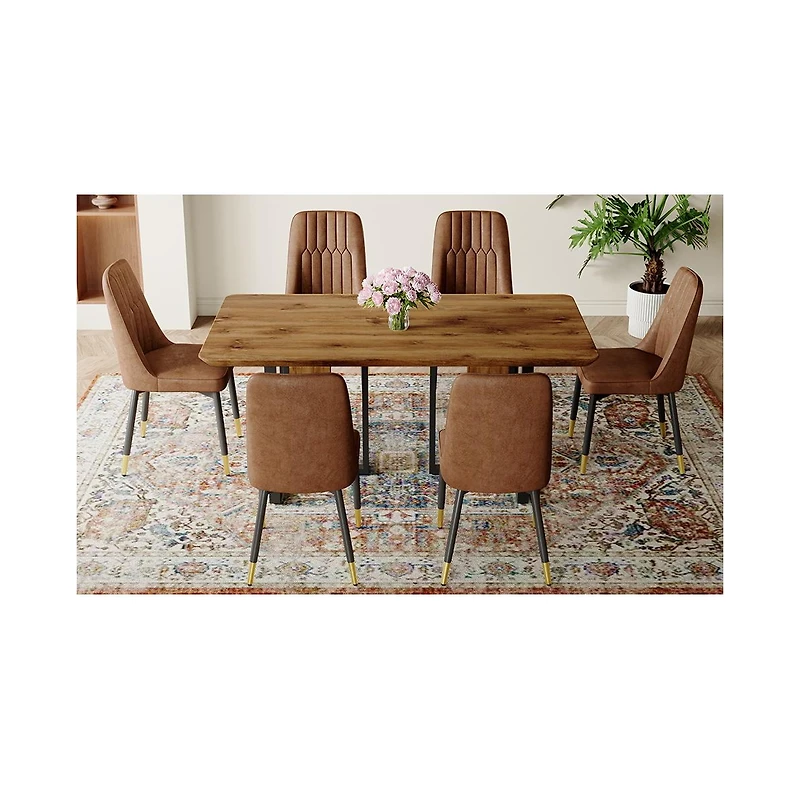 Streamdale Wood-Textured Mdf Dining Table Set with 6 Armless Suede Chairs