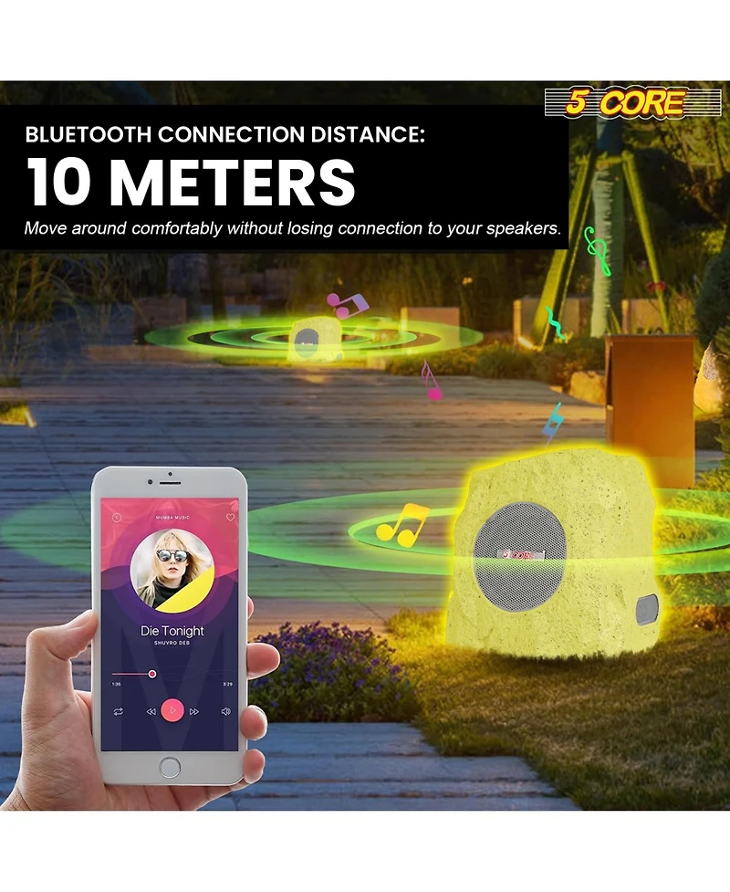 5 Core Rock Speaker Outdoor Waterproof Bluetooth Garden Speakers Solar & Usb Charging Rgb Colors for Patio Pool Home