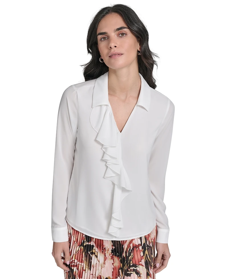 Calvin Klein Women's Long-Sleeve Ruffle-Front Blouse
