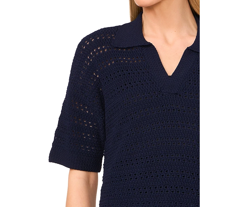 CeCe Women's Open-Knit Short-Sleeve Polo Sweater