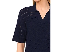 CeCe Women's Open-Knit Short-Sleeve Polo Sweater
