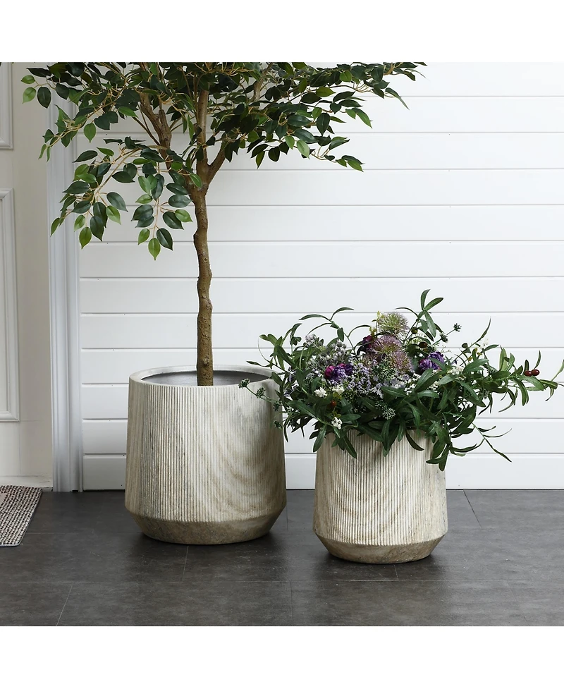 LuxenHome 2-Piece Marble Gray Ribbed Texture MgO Planter Set, Indoor and Outdoor