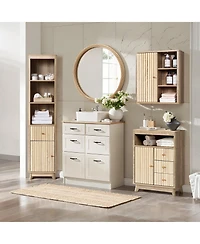 LuxenHome Natural Finish Wave-Patterned Manufactured Wood 1-Drawer 1-Door Bathroom Tower Cabinet