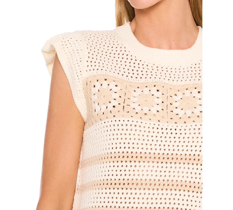 CeCe Women's Floral Crocheted Short-Sleeve Sweater
