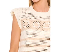 CeCe Women's Floral Crocheted Short-Sleeve Sweater