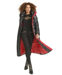 Karl Lagerfeld Womens Shine Hooded Belted Puffer Coat