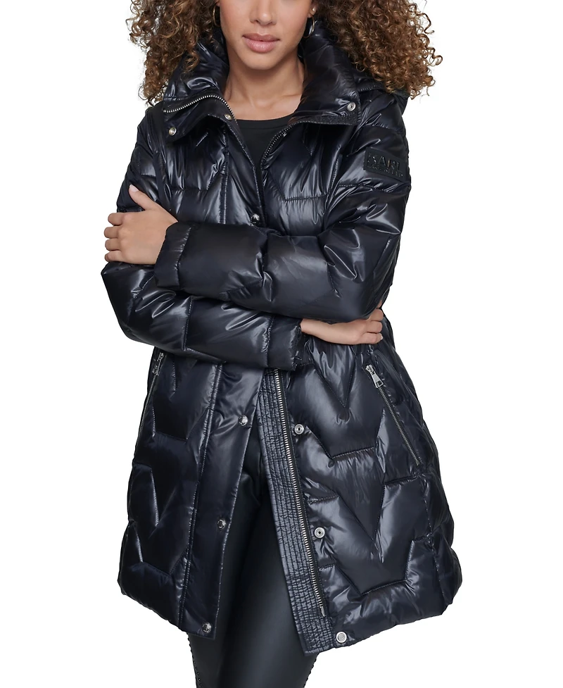 Karl Lagerfeld Paris Women's Tie-Waist Hooded Puffer Coat