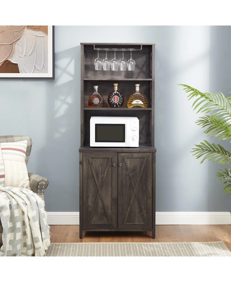 Wine Bar Cabinet with for Wine Glass Rack, Wood Frame Side Home Source Bar Cabinet and Hollow out Barn Design Wood Cabinet L26.75''W15.13''H66.1'' Cha