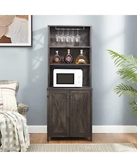 Wine Bar Cabinet with for Wine Glass Rack, Wood Frame Side Home Source Bar Cabinet and Hollow out Barn Design Wood Cabinet L26.75''W15.13''H66.1'' Cha