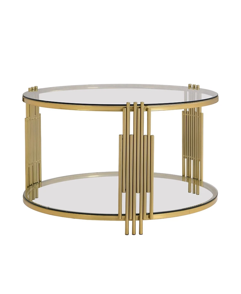 Streamdale Modern Glass Coffee Table in 31.5", Asymmetrical Metal, Circular Metal Drum Base, Gold Finish & Lower Shelf