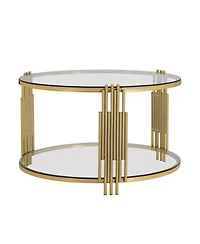 Streamdale Modern Glass Coffee Table in 31.5", Asymmetrical Metal, Circular Metal Drum Base, Gold Finish & Lower Shelf
