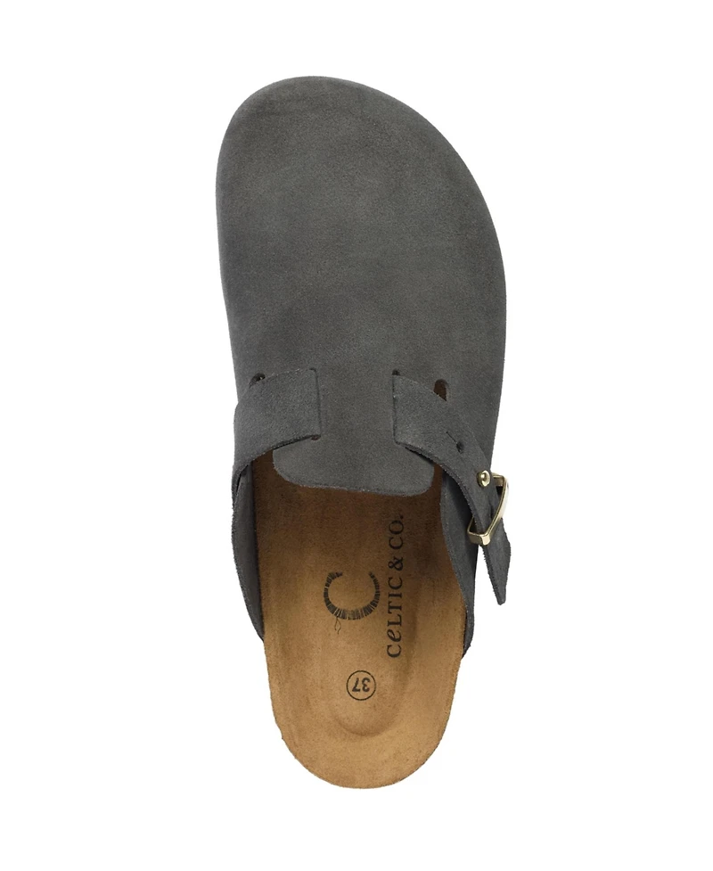 Stud strap clog with modern buckle.