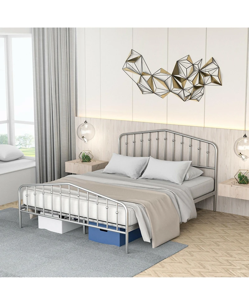 Gymax Queen Size Metal Bed Frame Platform Headboard & Footboard W/Storage Sliver