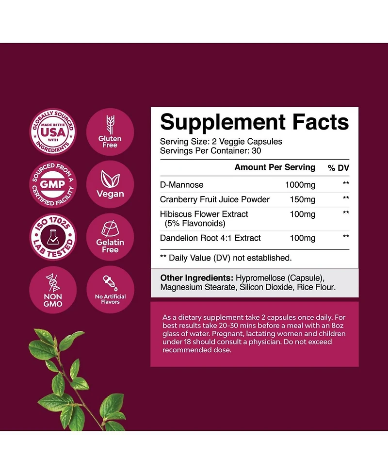 Urinary Tract Support Supplement | High Potency D-Mannose | with Cranberry Juice Powder & Dandelion for Urinary Tract Health |60ct