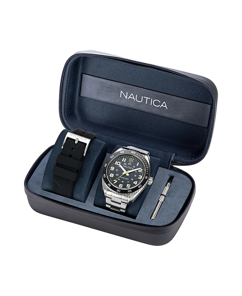 Nautica Men's Analog Silver-Tone Stainless Steel Watch Set, 46mm