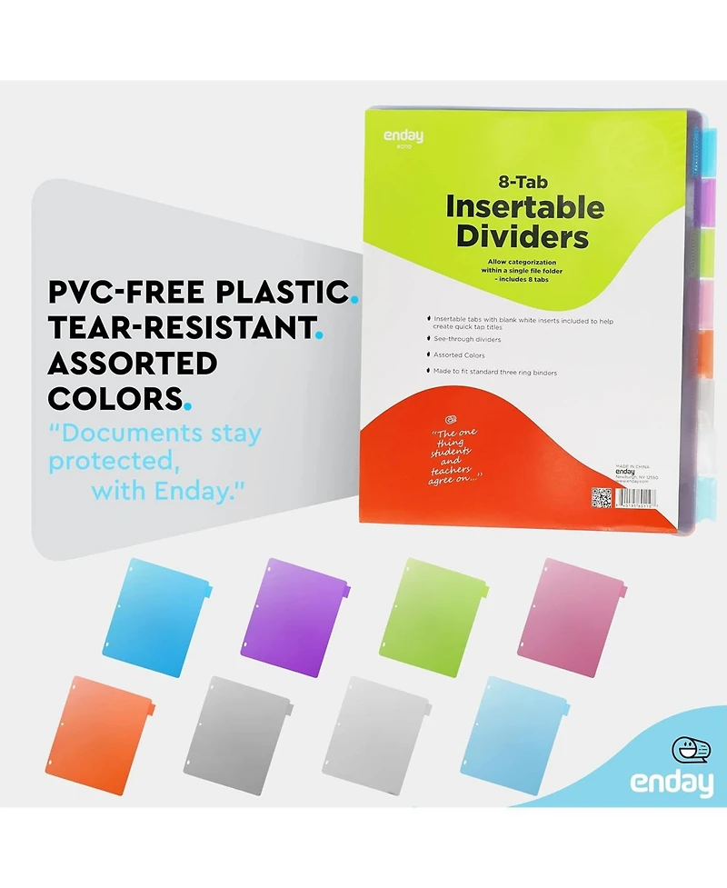 Binder Dividers with Tabs, 8 Dividers for 3 Ring Binder Standard Index Folder Dividers, Plastic Multicolor Dividers with White Insertable Tabs –