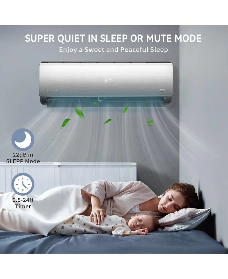 Jinjunye 18000BTU Mini Split Air Conditioner Ductless Inverter Heat Pump, 208-230V 17SEER2, Silver