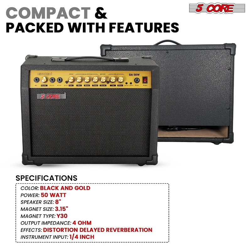 5 Core Guitar Amp 50 Watt Electric Amplifier w Built in 8" Speaker Portable Mini Amps w Aux
