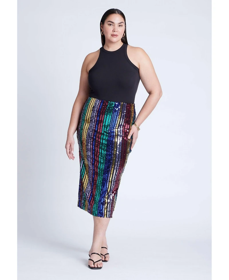 Eloquii Women's Rainbow Striped Sequin Midi Skirt