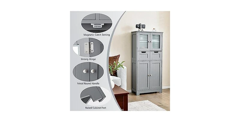 4 Door Freestanding Bathroom Floor Storage Cabinet with 2 Drawers and Glass Doors