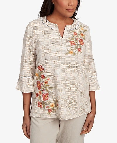 Alfred Dunner Petite Copper Canyon Printed Floral Bell Sleeve Embroidered Top