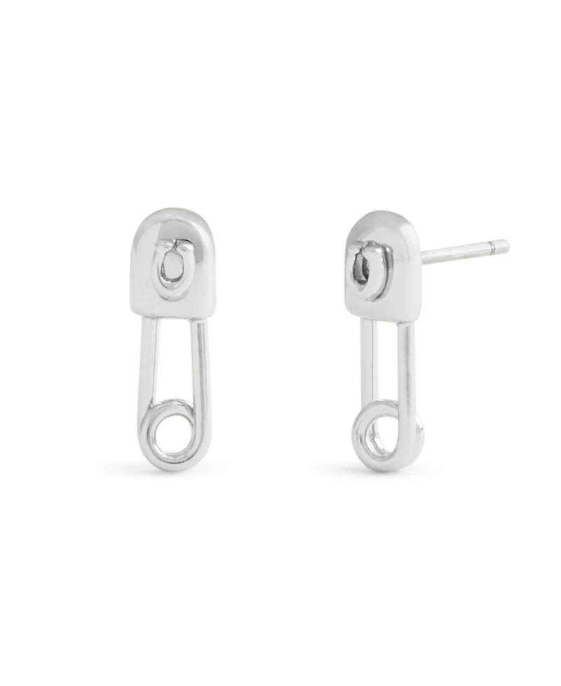 Coach Rhodium Signature Safety Pin Stud Earrings
