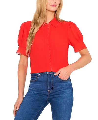 CeCe Women's Scalloped Puff-Sleeve Button-Front Top