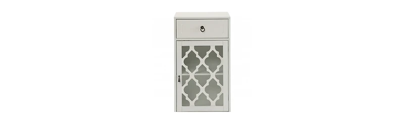 Fret Work Glass Door Cabinet with Decorative Accents and Storage