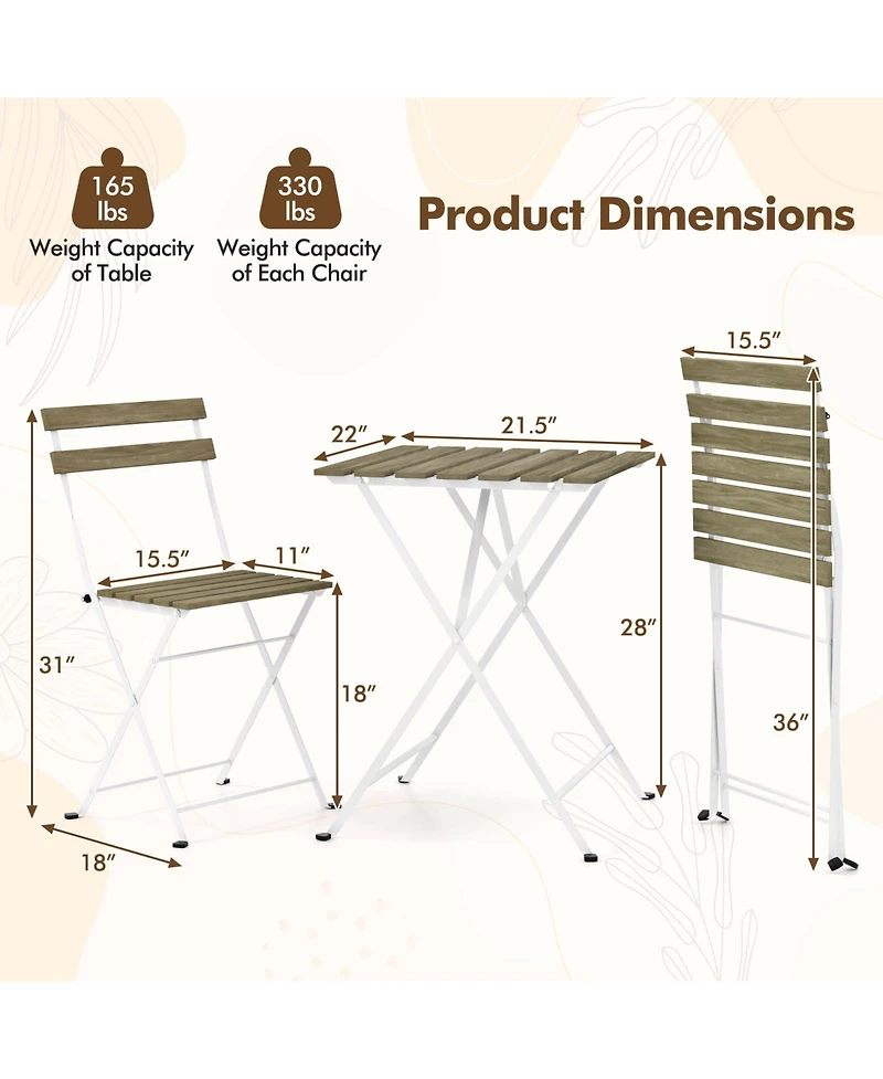 3 Piece Patio Acacia Wood Bistro Set with Slatted Seat and Tabletop