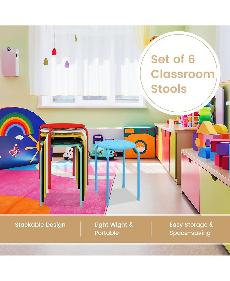 17.5 Inch Set of 6 Portable Plastic Stack Stools with Metal Frame