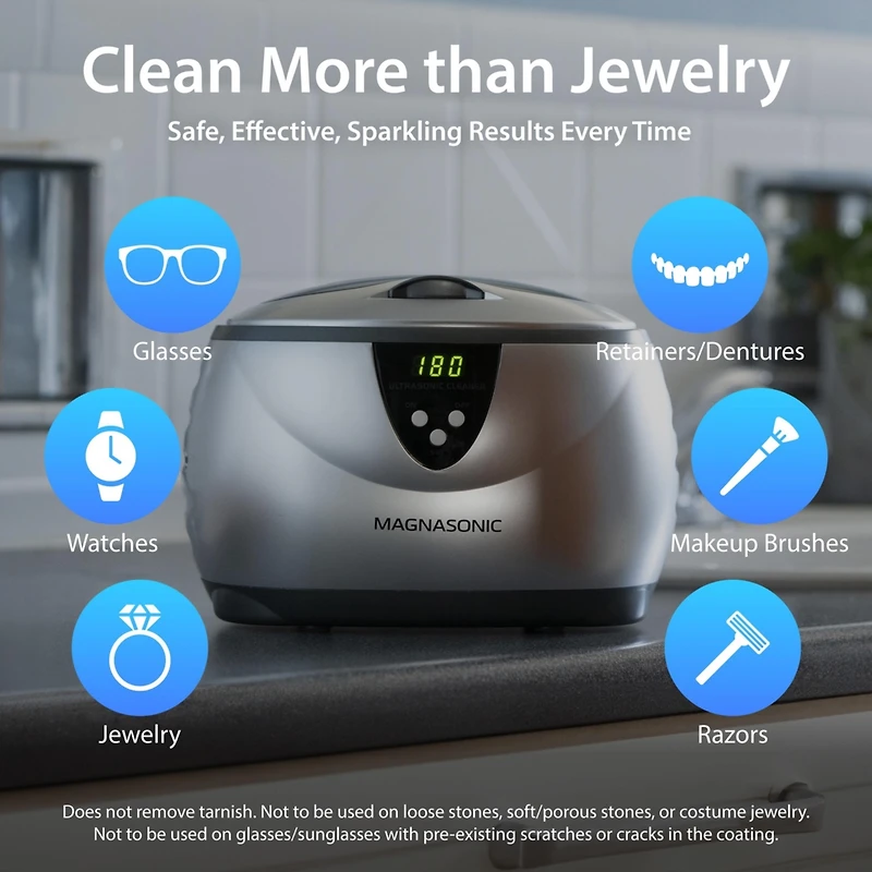 Magnasonic Ultrasonic Cleaner, 20oz Stainless Steel Tank, Digital Timer, 5 Cleaning Modes, w/ 8oz Gem & Jewelry Cleaner Concentrate Solution for All J