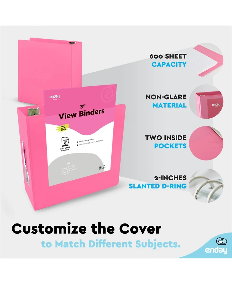 Enday 3-Ring Binder with Clear View Cover and 2 Inside Pockets – Heavy Duty Durable for School Supplies, Office Organization