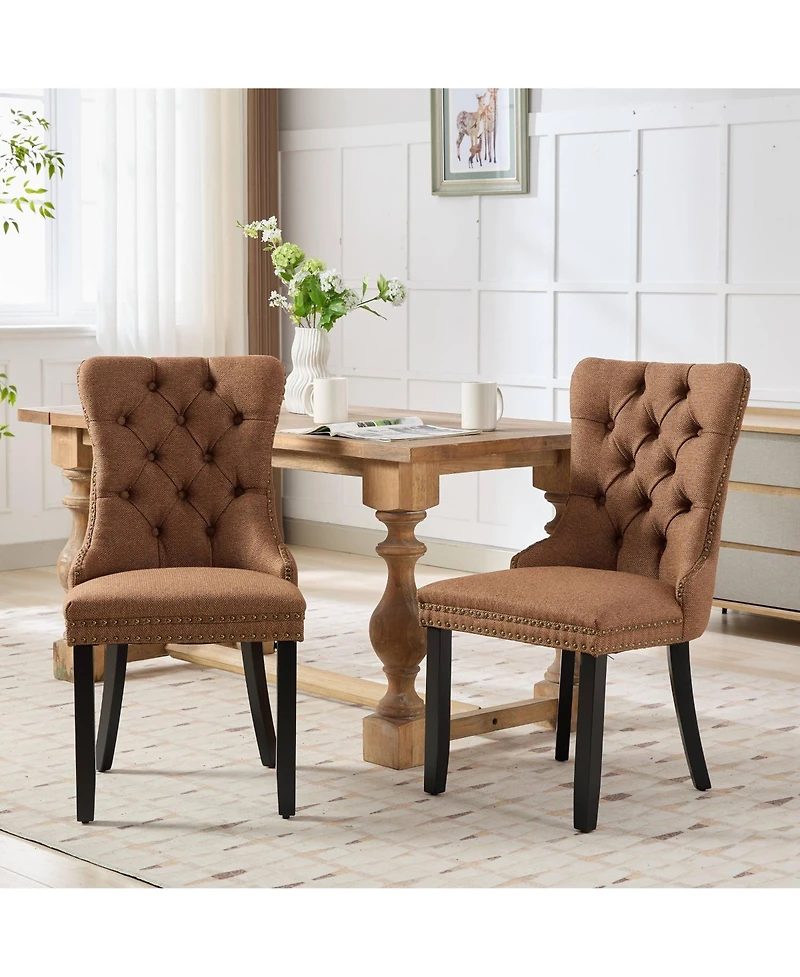 Streamdale Nikki Tufted Upholstered Linen Dining Chair with Nailhead Trim, 2-Piece Set in Coffee