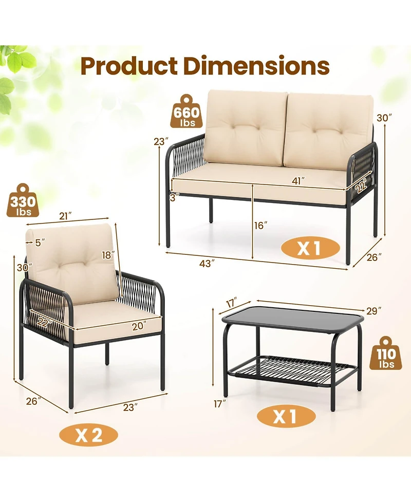 4 Pcs Patio Furniture Set with Loveseat Tempered Glass Coffee Table & Soft Cushions