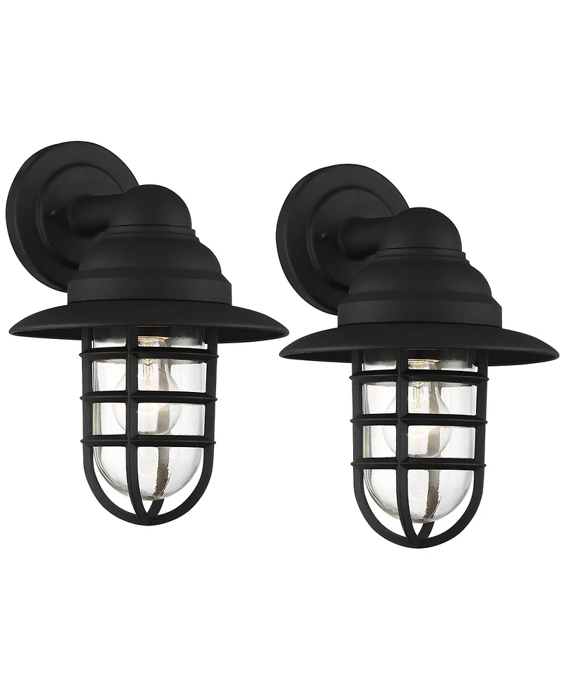 John Timberland Marlowe Rustic Industrial Outdoor Wall Light Fixtures Set of 2 Black Hooded Cage 13" Clear Glass for Post Exterior Barn