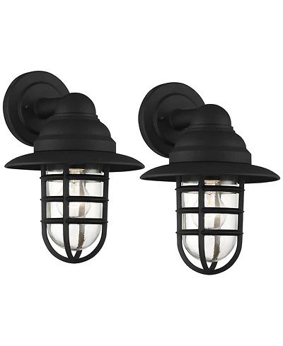 John Timberland Marlowe Rustic Industrial Outdoor Wall Light Fixtures Set of 2 Black Hooded Cage 13" Clear Glass for Post Exterior Barn